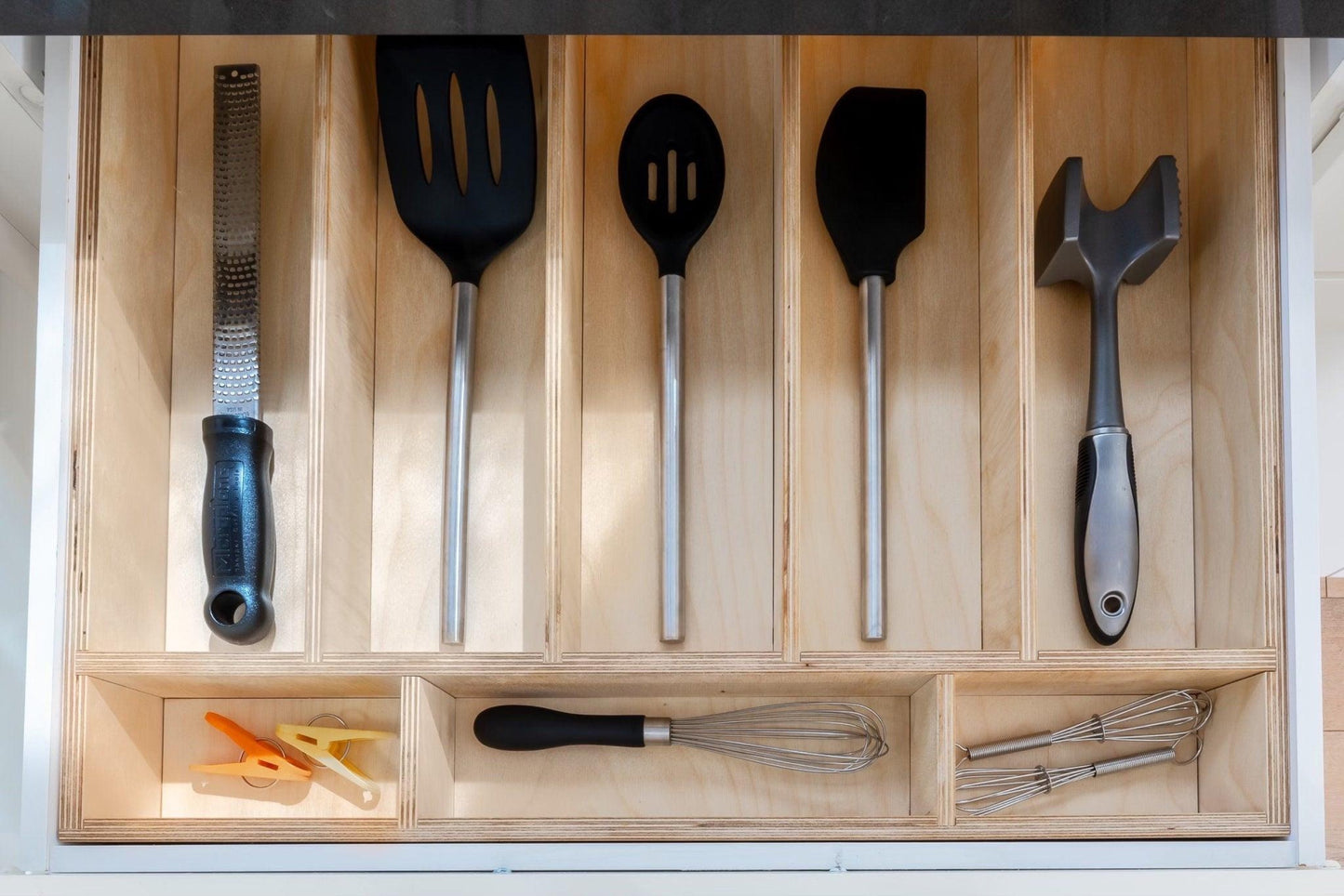 Custom Kitchen Drawer Organizer Insert for Baking Tools, Utensils and Silverware - Solid Wood