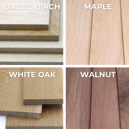 four different types of wood, including Baltic Birch, Maple, White Oak, and Walnut, each with its own distinct texture and color.
