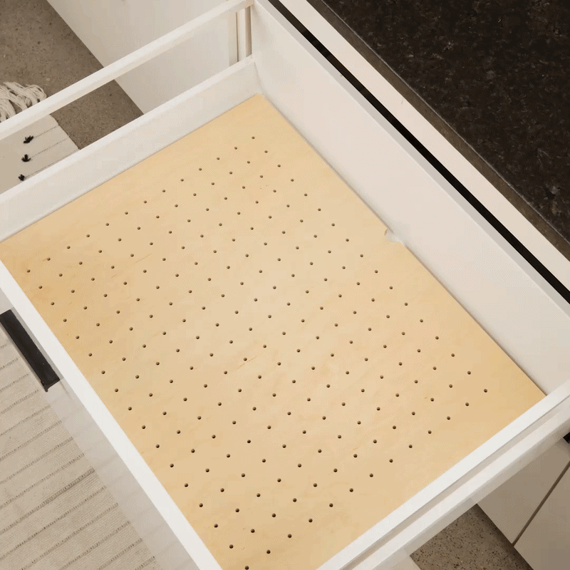 Custom Wood Pegboard Deep Drawer Organizer for Pots, Pans & Plates